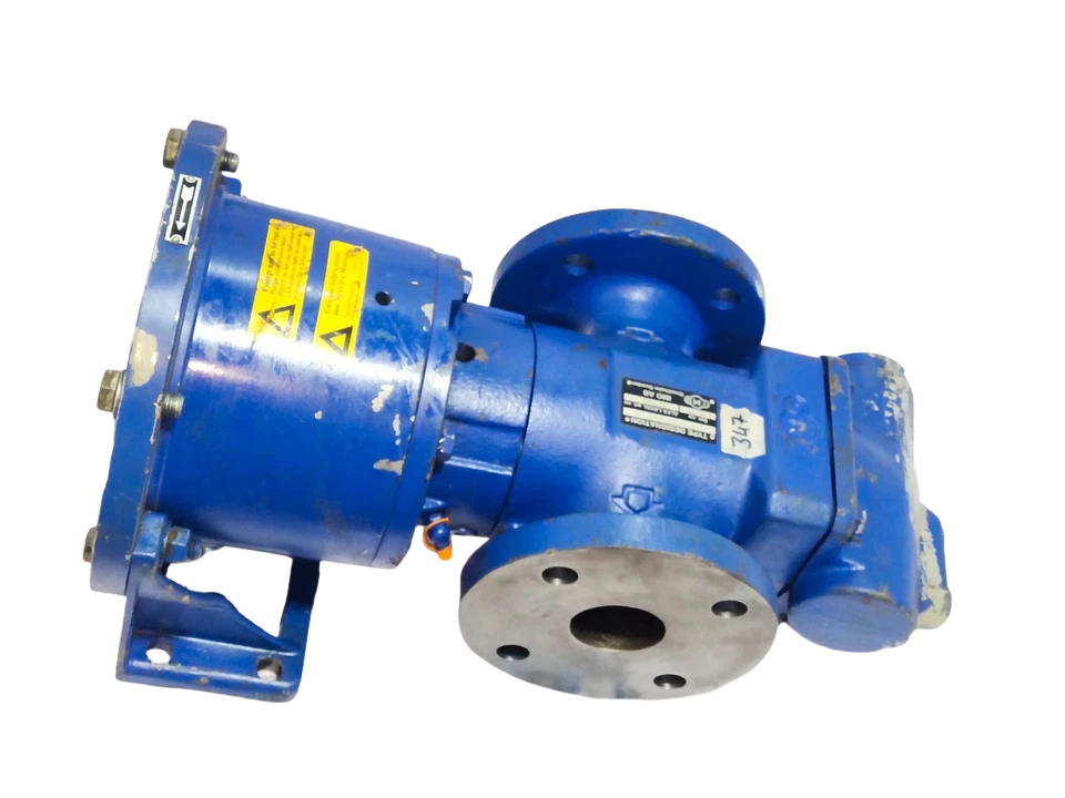 IMO ACP 045K7 NVBP Triple Screw Pump6 Angled view of unused new IMO ACP 045K7 NVBP triple screw pump with safety warning labels intact.
