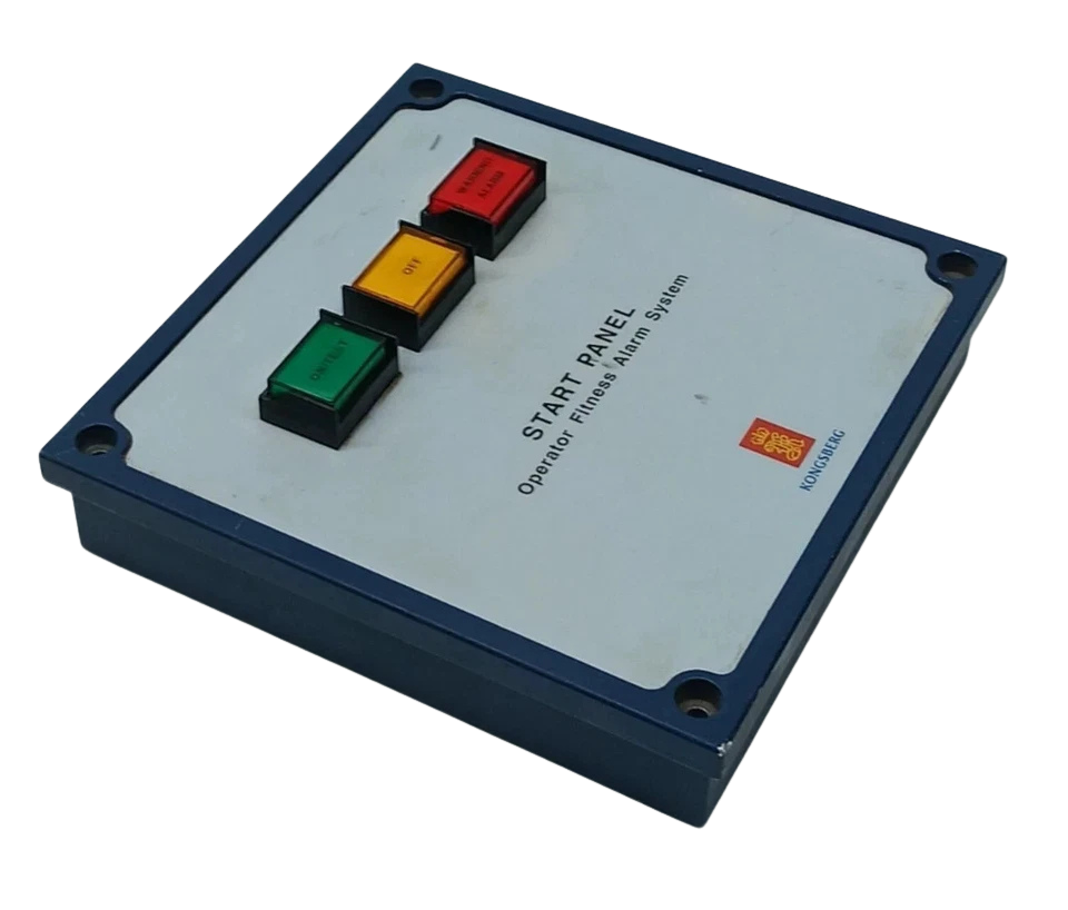 Kongsberg Operator Fitness Alarm System4 Kongsberg marine Operator Fitness Alarm System start panel showing console bezel and push buttons.