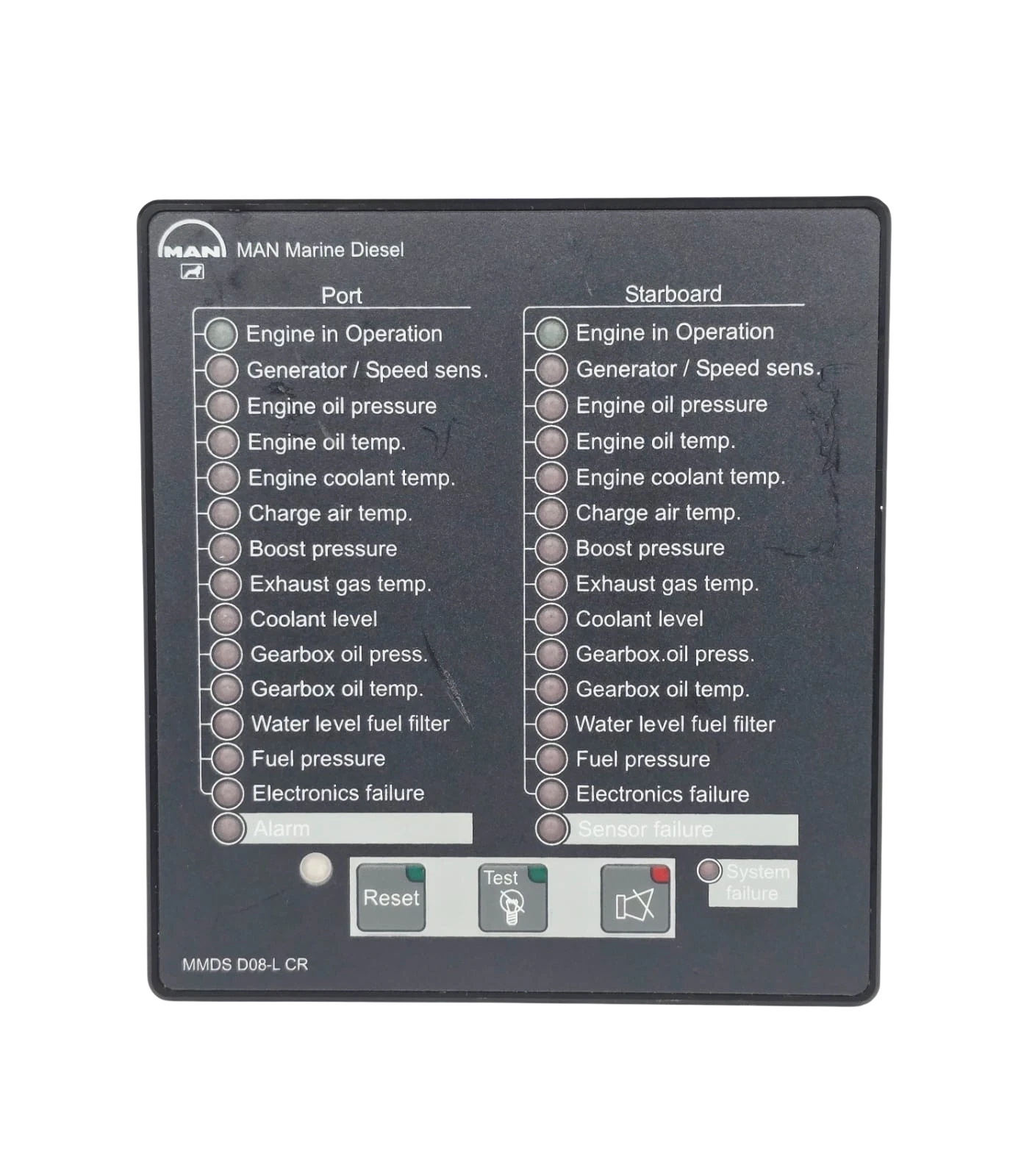 MAN MMDS D08-L CR Engine Warning Display1 MAN MMDS D08-L CR marine diesel dual engine warning display front panel showing port and starboard alarm indicators