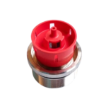 Top view of MSA A-ULTX-SENS-31-1-0 gas sensor module showing red inlet port cap and stainless steel knurled ring.