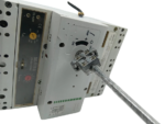 Angled close-up of Moeller NZM10-630H breaker showing rotary mechanism and dials