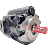 Isometric view of Parker PAVC 33 L223 hydraulic pump showing mounting flange, drain plug, and keyed shaft.