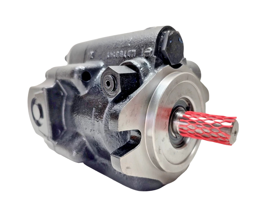 Parker PAVC 33 L2237 Isometric view of Parker PAVC 33 L223 hydraulic pump showing mounting flange, drain plug, and keyed shaft.
