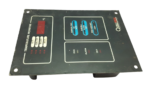 Front view of Qualitrol 118P-120-K-0-2 panel showing fan, alarm, and trip indicators