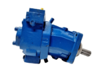 Side housing view of blue Rexroth A7VO28DR/63L hydraulic pump showing bent-axis casting.