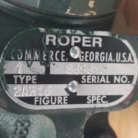 Roper 2AM16 gear pump metal nameplate displaying type 1, serial number 869818, and figure