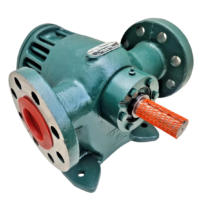 Isometric front view of green Roper Pump 1F-75 Type 27 with drive shaft and red port plug.