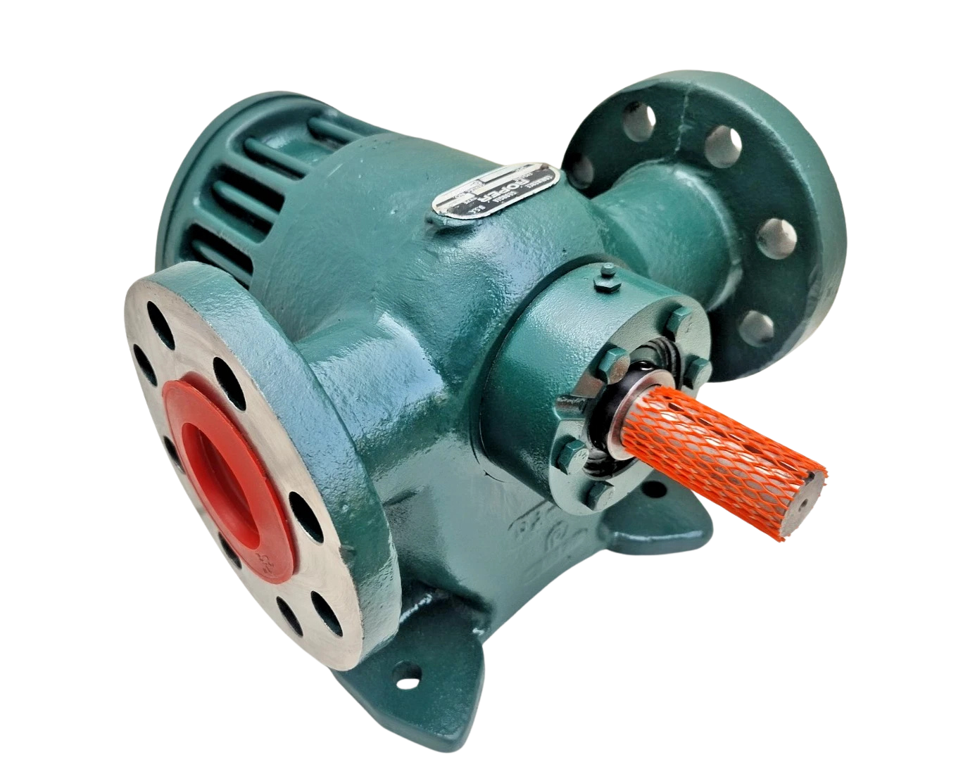Roper Pump 1F-75 Type 27 Isometric front view of green Roper Pump 1F-75 Type 27 with drive shaft and red port plug.