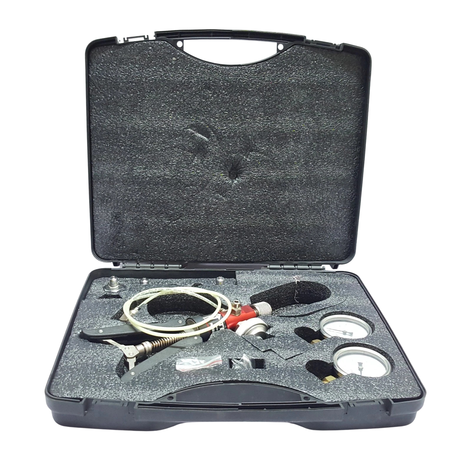 TESZ TPP 40 Pneumatic Pressure Calibrator1 TESZ TPP 40 pneumatic pressure calibrator kit in open hard carrying case with gauges and test hose