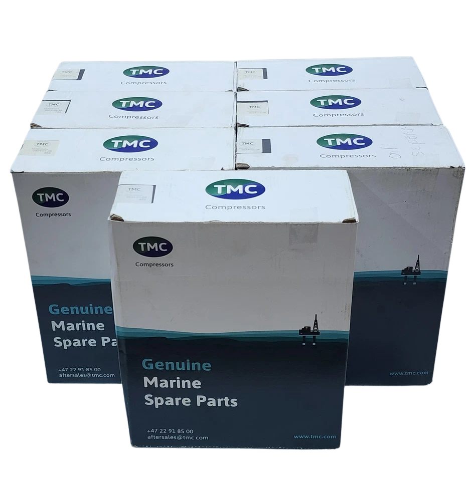 TMC 306100 Oil Separator Kit1 Bulk packaging boxes of genuine OEM TMC 306100 oil separator kits for marine compressors