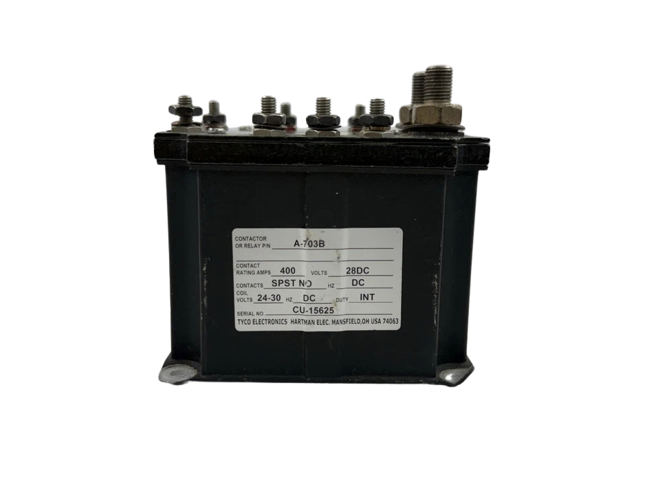 TYCO HARTMAN A-703B power relay1 Tyco Hartman A-703B 400A 28VDC SPST-NO contactor side profile with OEM specification label