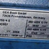 Bock GEA HGX56e/1155-4 S compressor nameplate showing model and electrical specs
