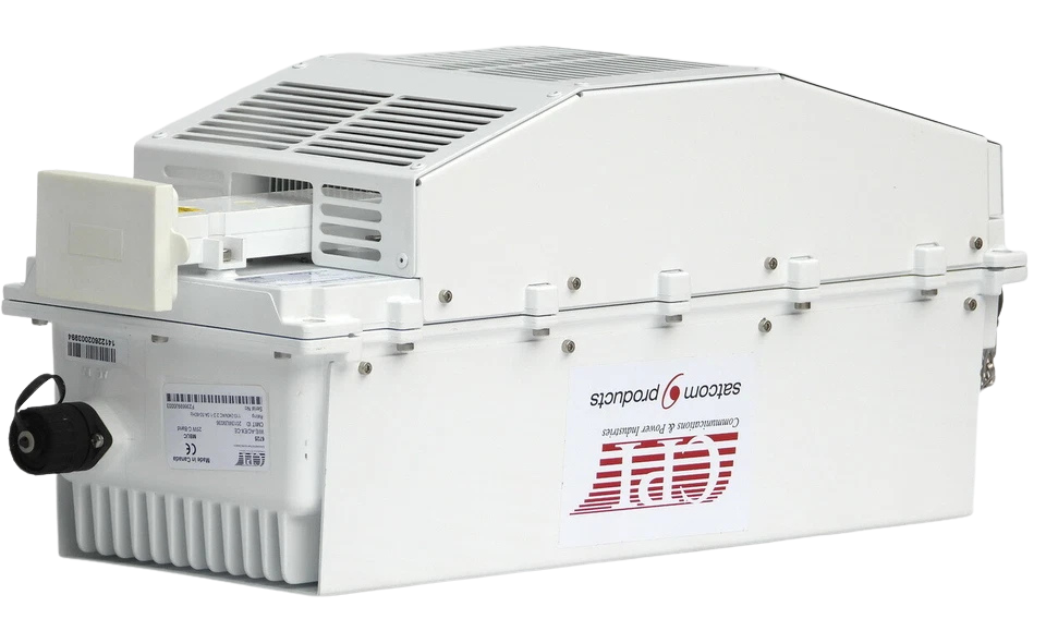 CPI 6275 C-Band 25W MBUC CPI 6725 25W C-Band MBUC marine block upconverter with heatsink vents and capped connectors