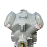 Overhead angle of Carrier Carlyle 5H46-149 open reciprocating compressor cylinder heads and drive end