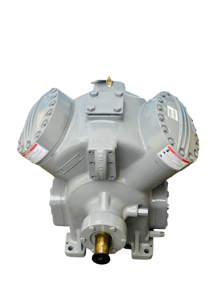 Carrier Carlyle 5H46-149 Compressor3 Overhead angle of Carrier Carlyle 5H46-149 open reciprocating compressor cylinder heads and drive end