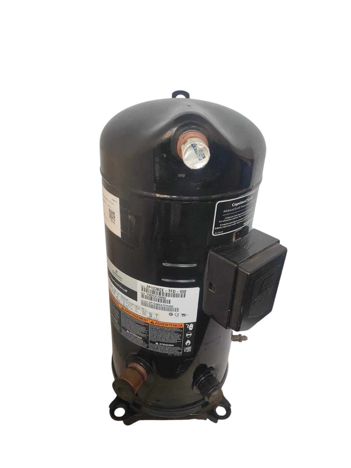 Copeland Scroll Compressor ZP103KCE-TFD-950 Copeland scroll compressor ZP103KCE-TFD-950 showing terminal box, suction stub, and factory nameplate