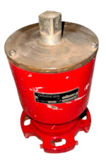 Damcos BRC 012 A1 hydraulic actuator for marine valves. Red body with top stem.
