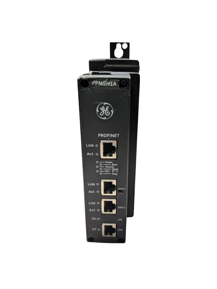 GE IS420PPNGH1A PROFINET Controller Module1 Front view of GE IS420PPNGH1A PROFINET gateway module with diagnostic indicators and network interfaces