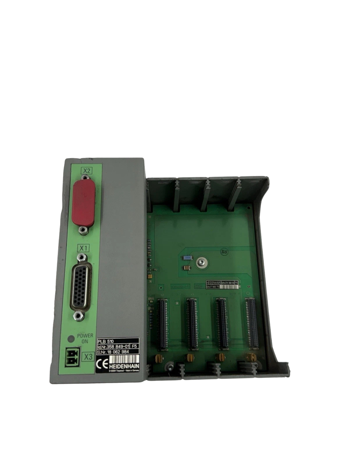 HEIDENHAIN PLB 510 HEIDENHAIN PLB 510 358 849-01 PLC basic board showing front connectors and 4 open I/O card expansion slots.