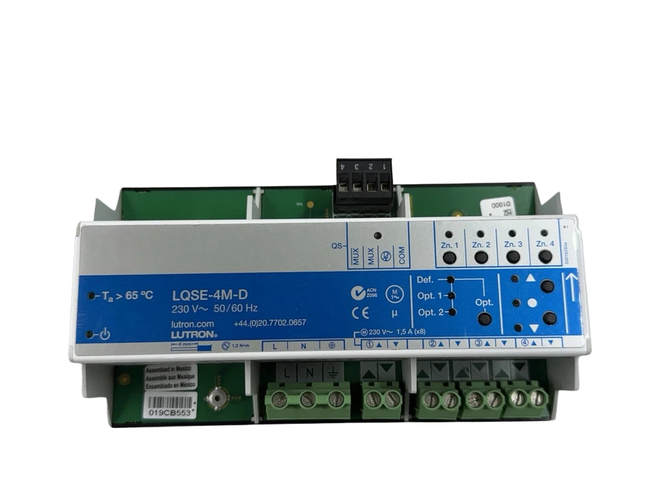 Lutron LQSE-4M-D Lutron LQSE-4M-D 4-output motor control module top front view with terminal blocks and zone indicators