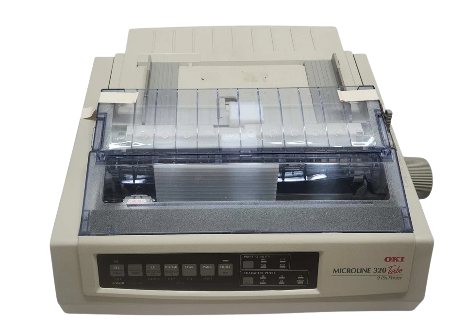 OKI Microline 320 Turbo GE7000B Oki Microline 320 Turbo 9 Pin Printer Front Top View with Clear Platen Cover