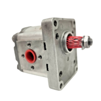 Parker 3349111292 hydraulic gear pump showing 1:8 tapered shaft, 4-bolt Euro flange, and side port.