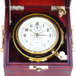 Soviet 6MX Russian marine chronometer caliber movement in brass gimbal and mahogany case
