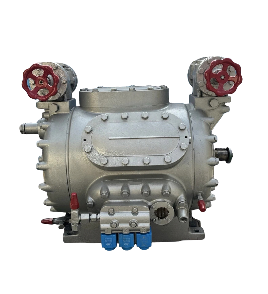 Sabroe CMO 26 Compressor Sabroe CMO 26 marine reciprocating compressor front view with solenoid valves and service handwheels