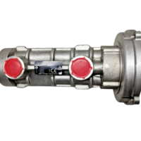 Horizontal side view of a Seim PDA032 triple screw pump with red port caps and data plate